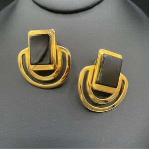 Old Money 80s Art Deco Inspired Clip On Earrings in Black and Gold Tone